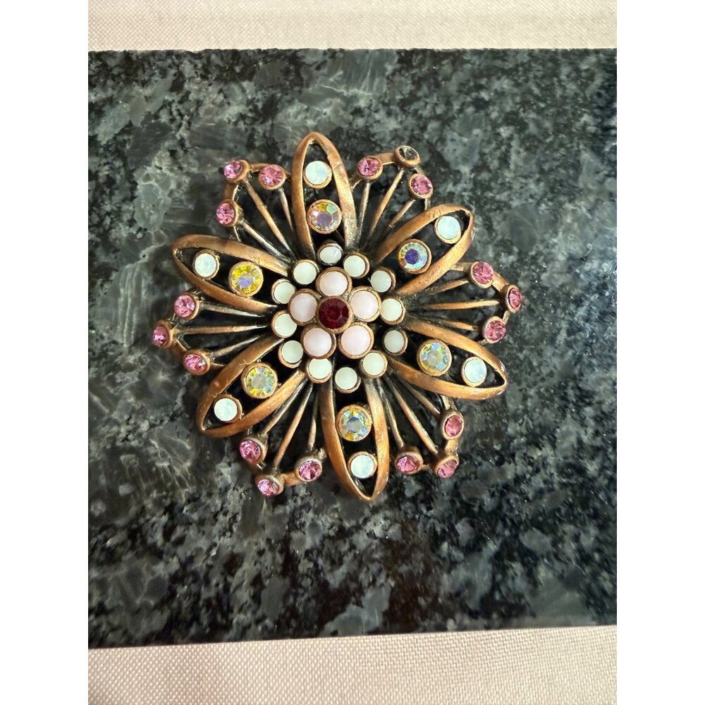 Premiere Design Vintage Gold-Toned Floral Brooch Pink & Rhinestones Bold